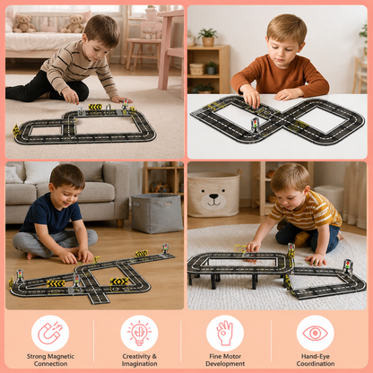 Magnetic Tiles & Building Blocks Set with Roads & Traffic Lights