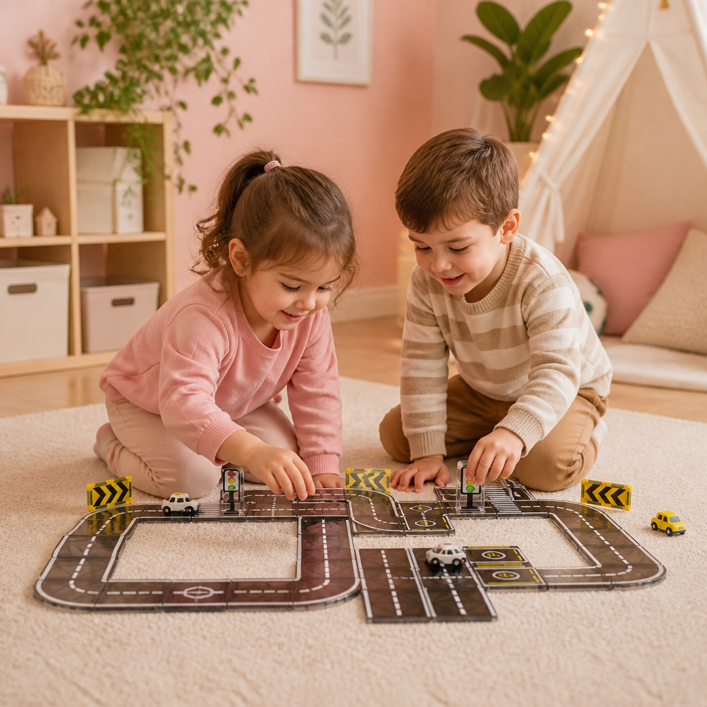 Magnetic Tiles & Building Blocks Set with Roads & Traffic Lights
