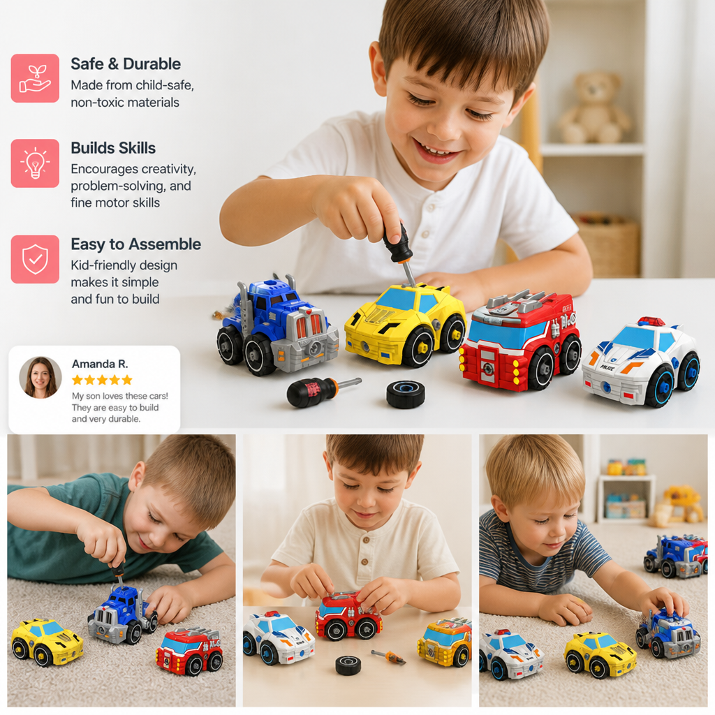 4-Piece DIY Take-Apart City Vehicle Set with Toy Drill