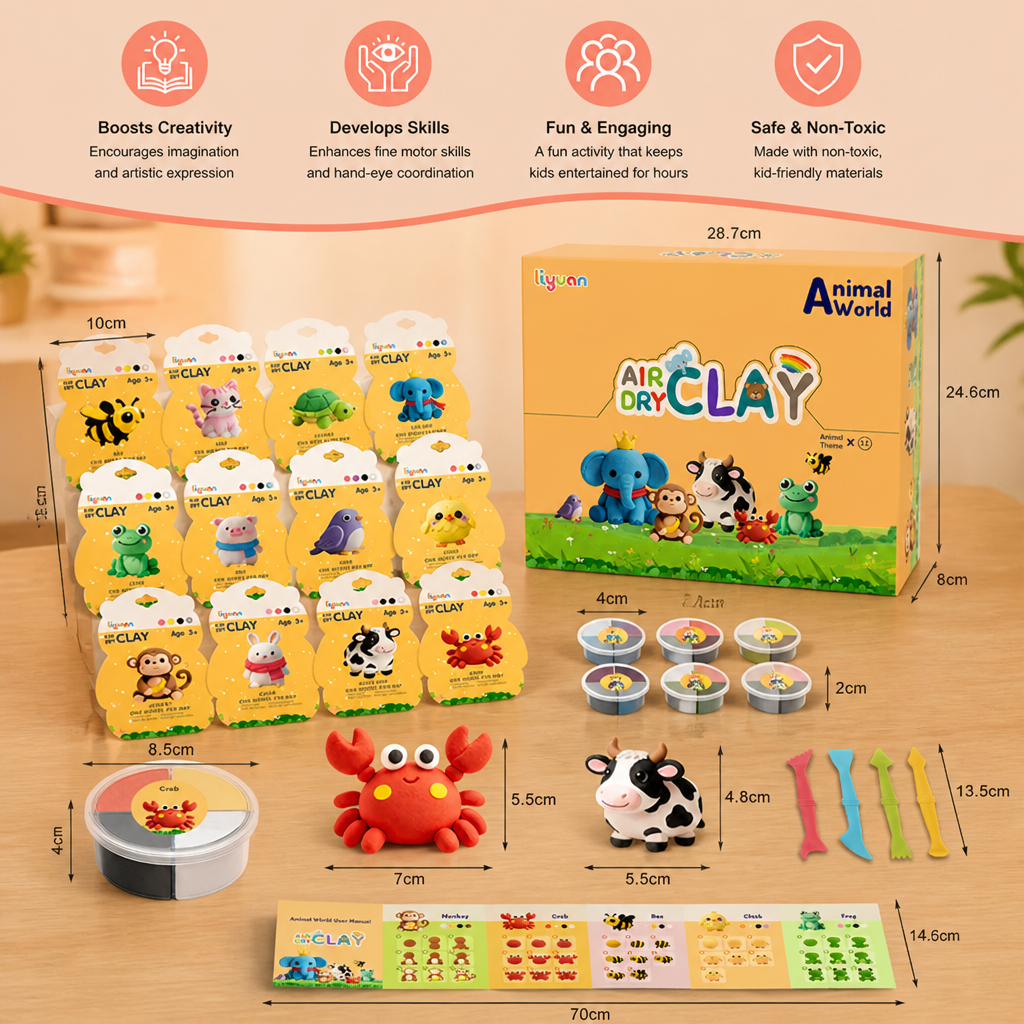 12-Piece Air Dry Clay Animal Craft Kit for Kids