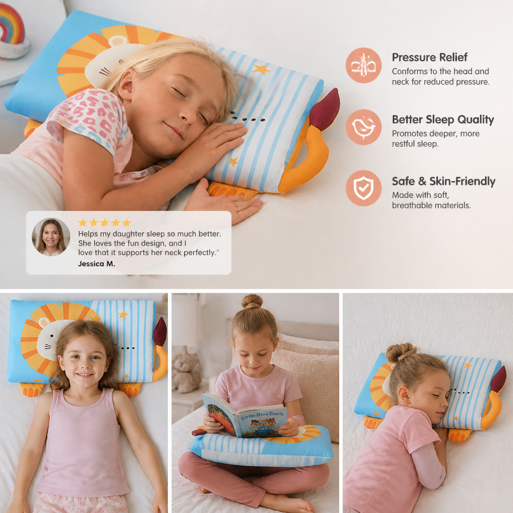 Calming Ergonomic Kids’ Pillow with Cartoon Animal Pillowcase