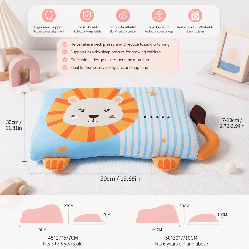 Calming Ergonomic Kids’ Pillow with Cartoon Animal Pillowcase