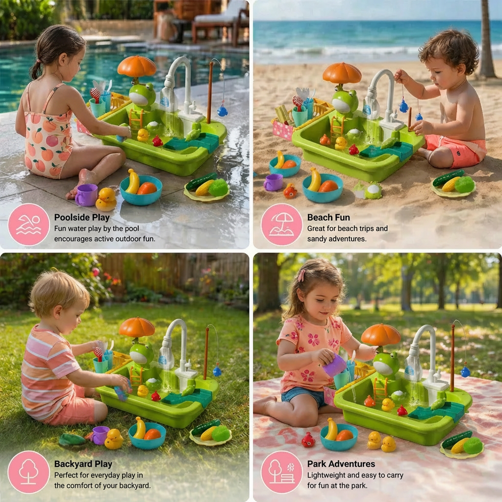 Kids Play Kitchen Sink Set with Running Water & Fishing Game