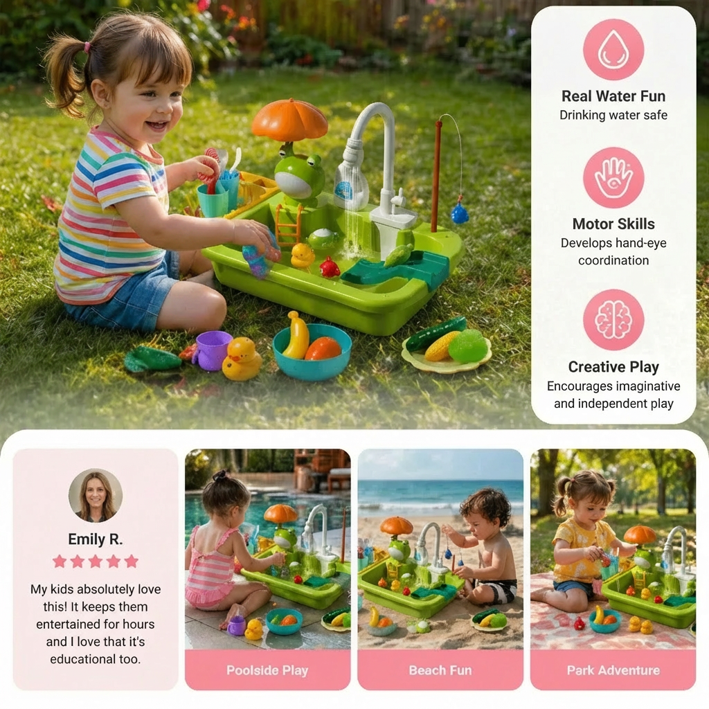 Kids Play Kitchen Sink Set with Running Water & Fishing Game