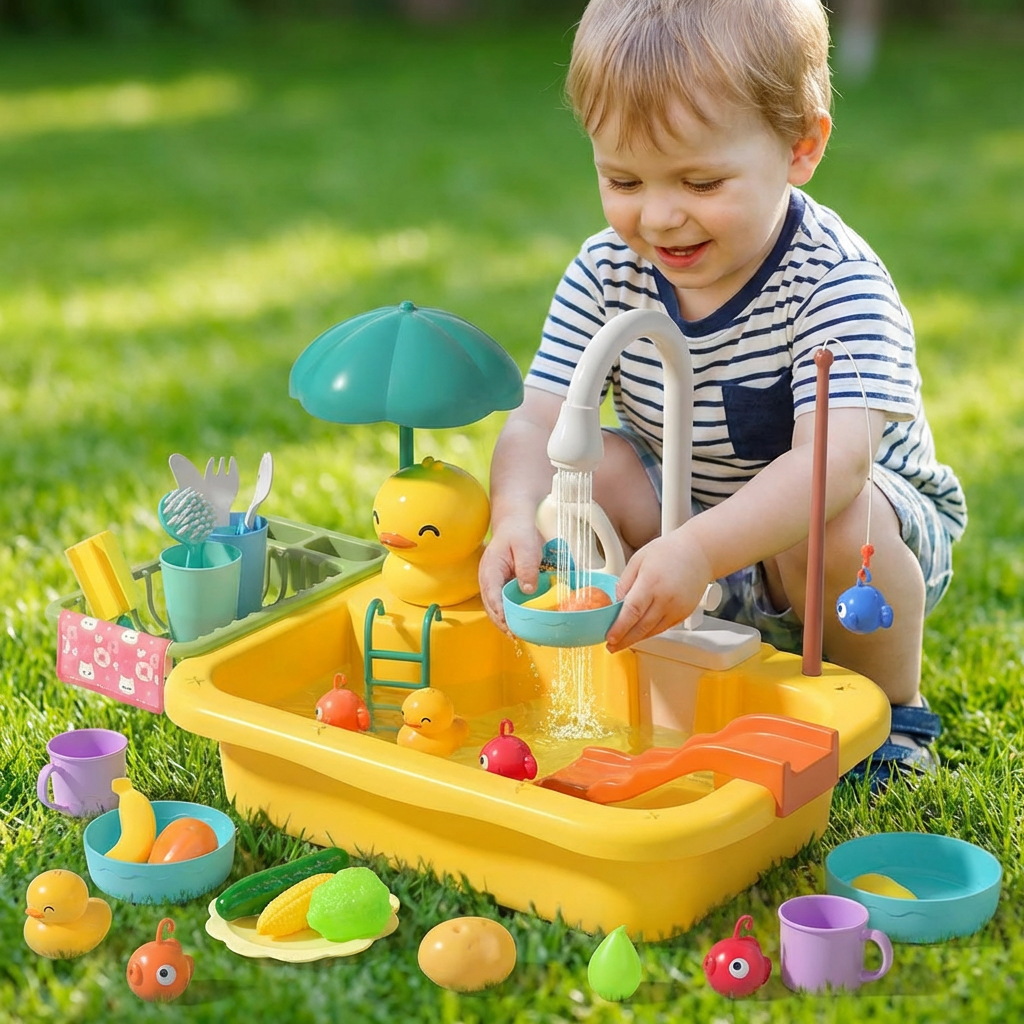 Kids Play Kitchen Sink Set with Running Water & Fishing Game