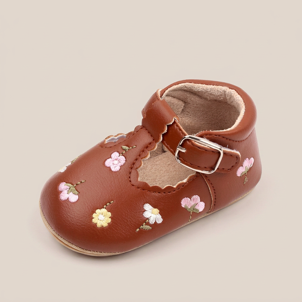 Floral Embroidered T-Strap Shoes