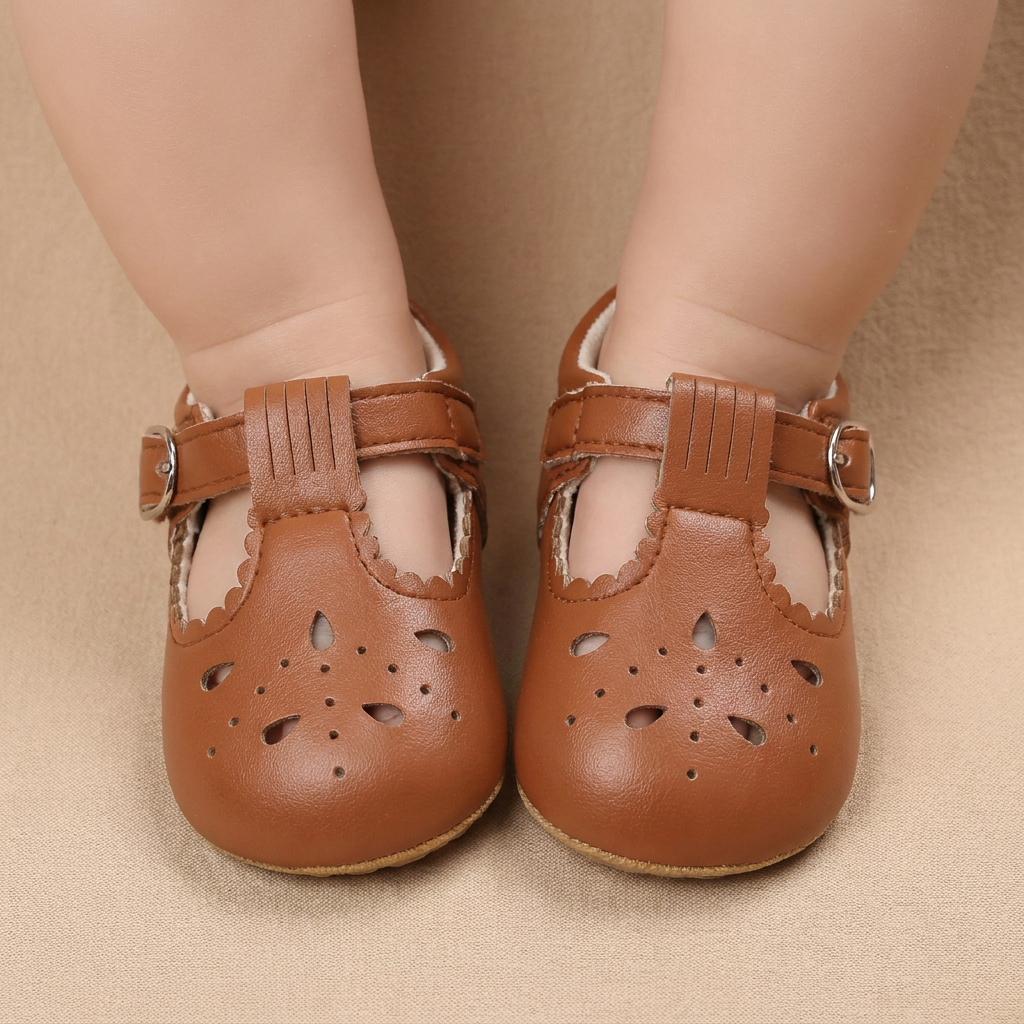 Perforated T-Strap Buckle Shoes