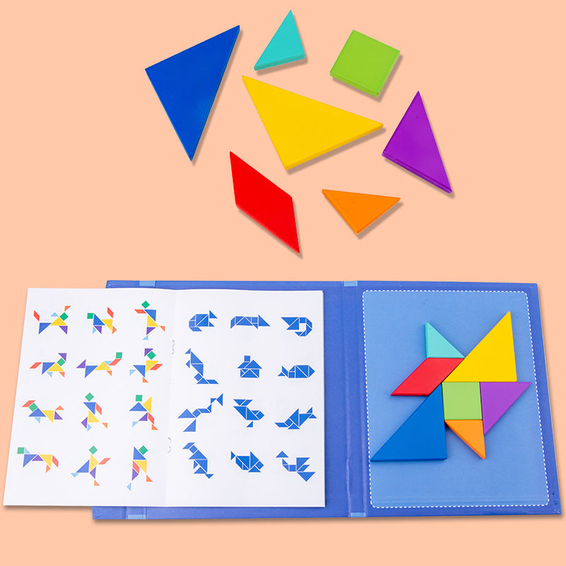 Portable Montessori Wooden Magnetic Tangram Puzzle Book Learning Toy