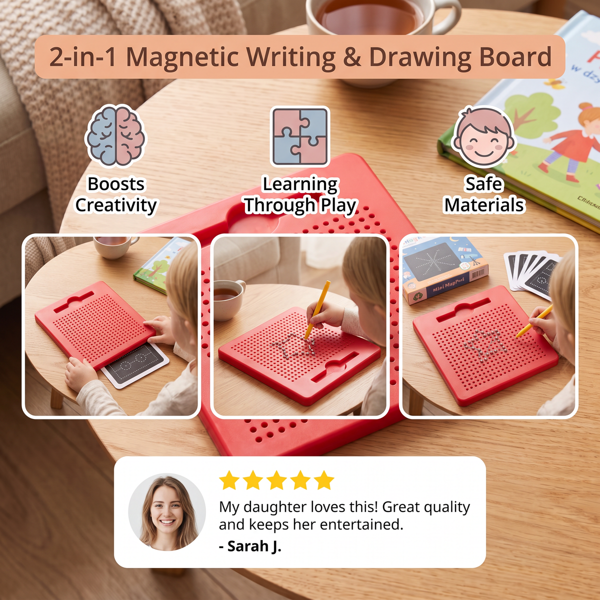 2-in-1 Magnetic Writing & Drawing Board with Snap-On Shape Tiles for Kids