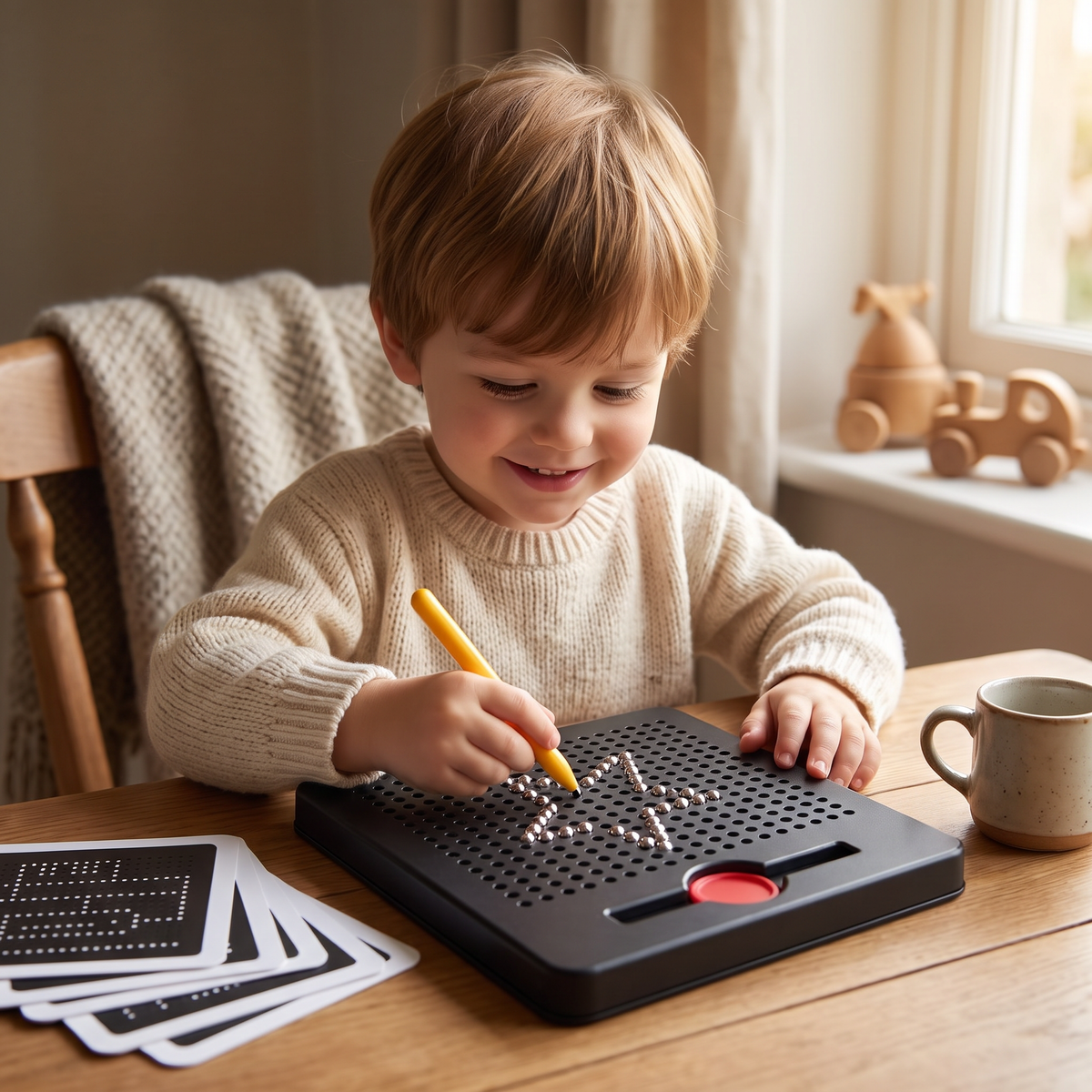 2-in-1 Magnetic Writing & Drawing Board with Snap-On Shape Tiles for Kids