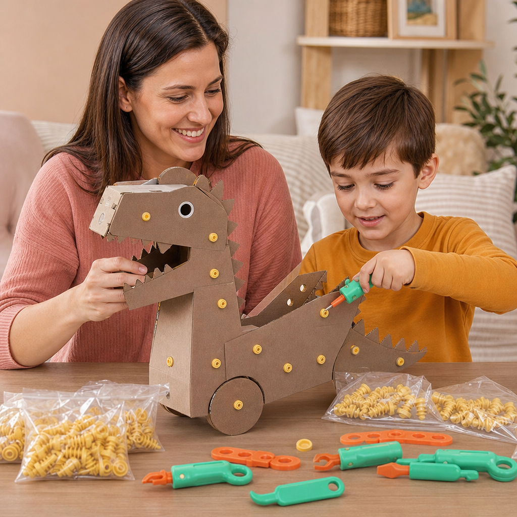 Safe 100-Piece STEM Cardboard Construction Kit with Tool Set for Kids