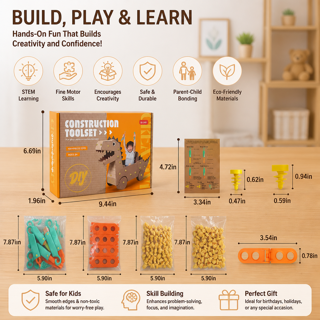 Safe 100-Piece STEM Cardboard Construction Kit with Tool Set for Kids
