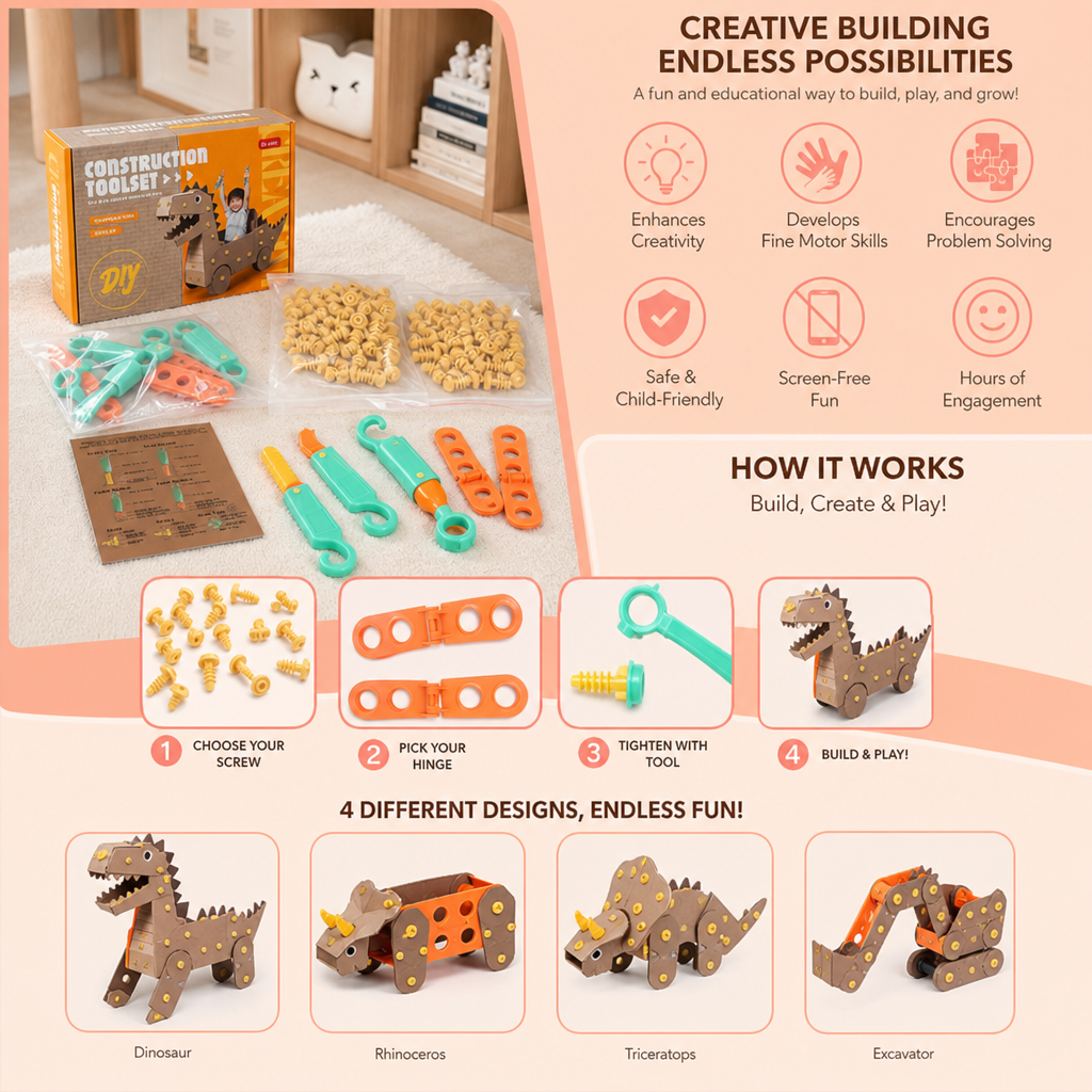 Safe 100-Piece STEM Cardboard Construction Kit with Tool Set for Kids
