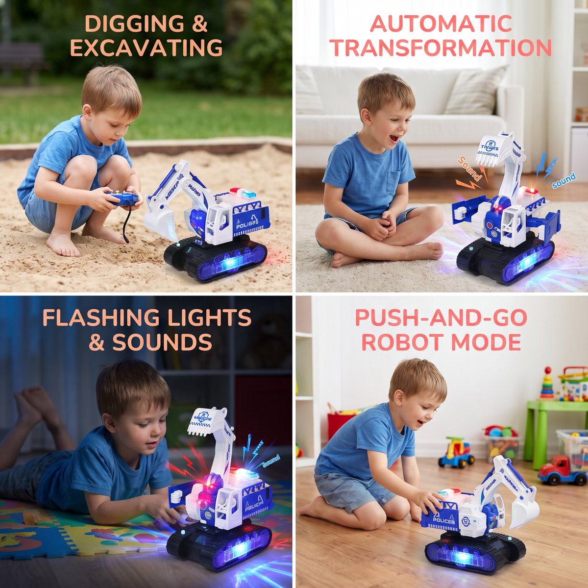 Electric Transforming Robot Excavator Toy with Lights & Sounds