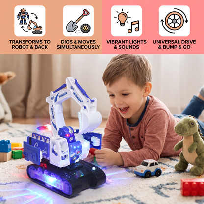 Electric Transforming Robot Excavator Toy with Lights & Sounds