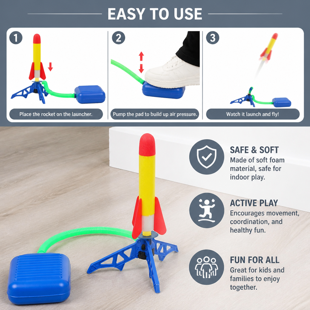 Safe & Soft Kids Rocket Launcher- Lightning Air-Powered Indoor Fun