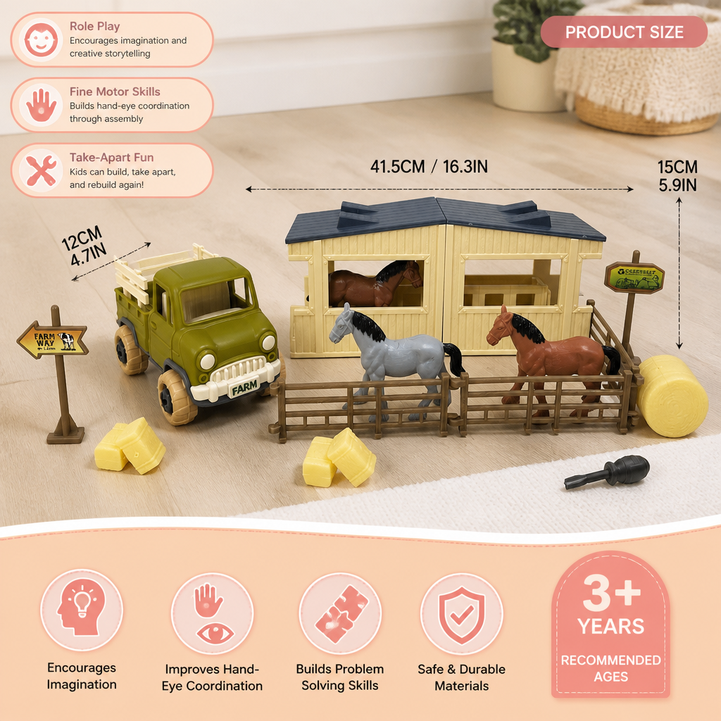 DIY Take-Apart Farm Truck & Horse Stable Play Set for Kids