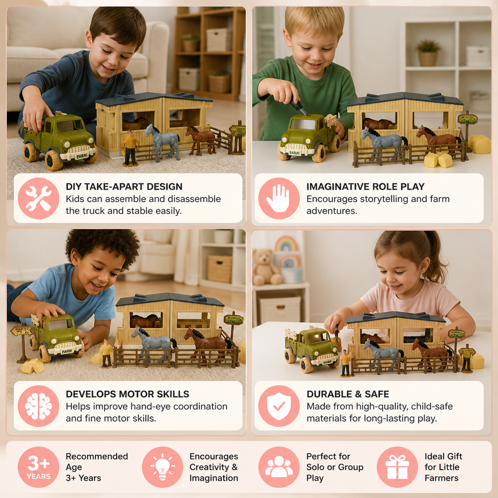 DIY Take-Apart Farm Truck & Horse Stable Play Set for Kids