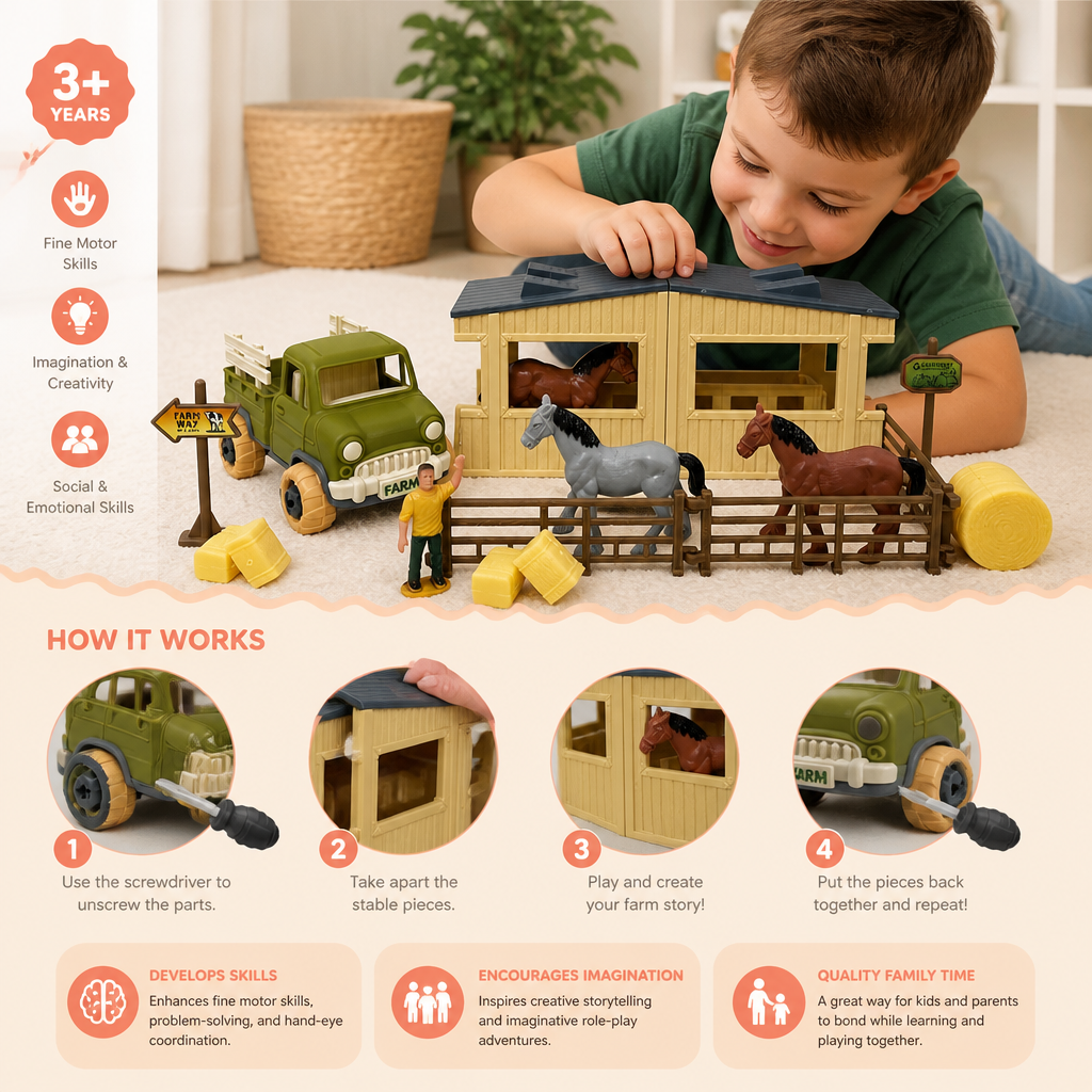 DIY Take-Apart Farm Truck & Horse Stable Play Set for Kids