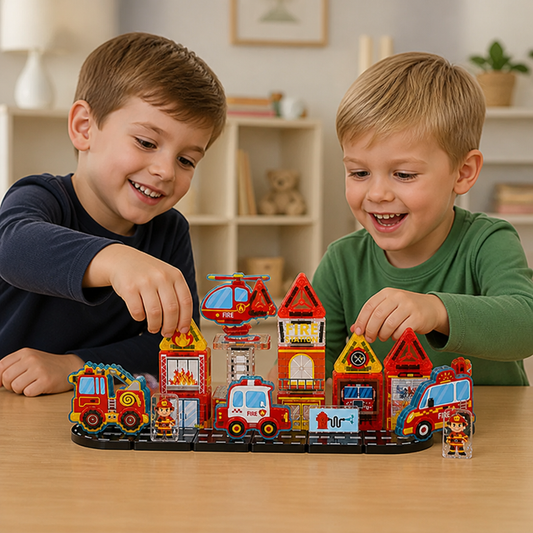 40-Piece Magnetic Travel Building Set with Construction, Fire Truck & Police Vehicles