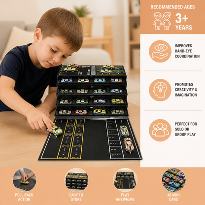 48-Piece Mini Die-Cast Pull-Back Car Set with Storage Container Box