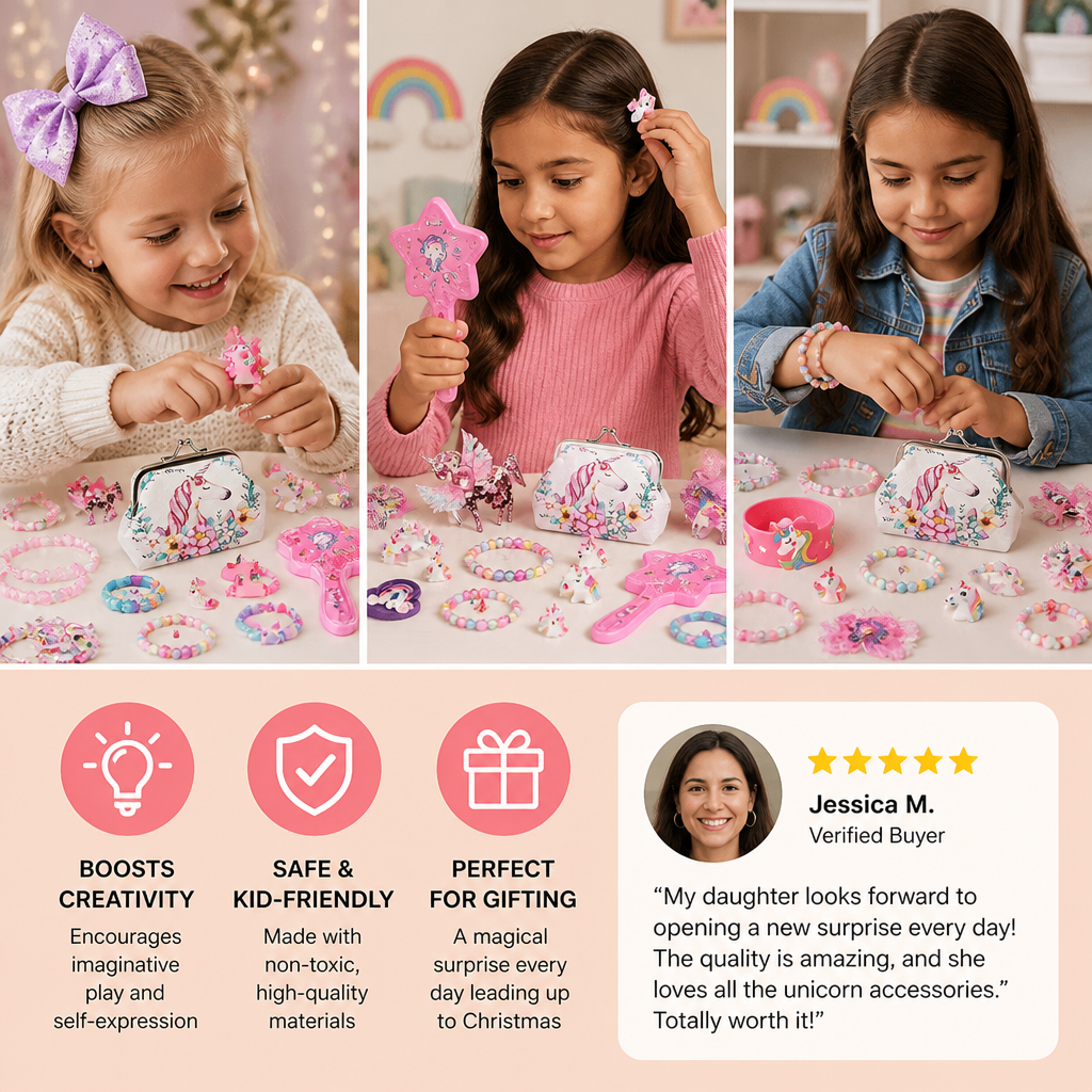 24-Day Unicorn Advent Calendar with Hair Accessories, Stickers & Surprise Gifts