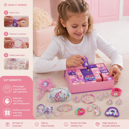24-Day Unicorn Advent Calendar with Hair Accessories, Stickers & Surprise Gifts