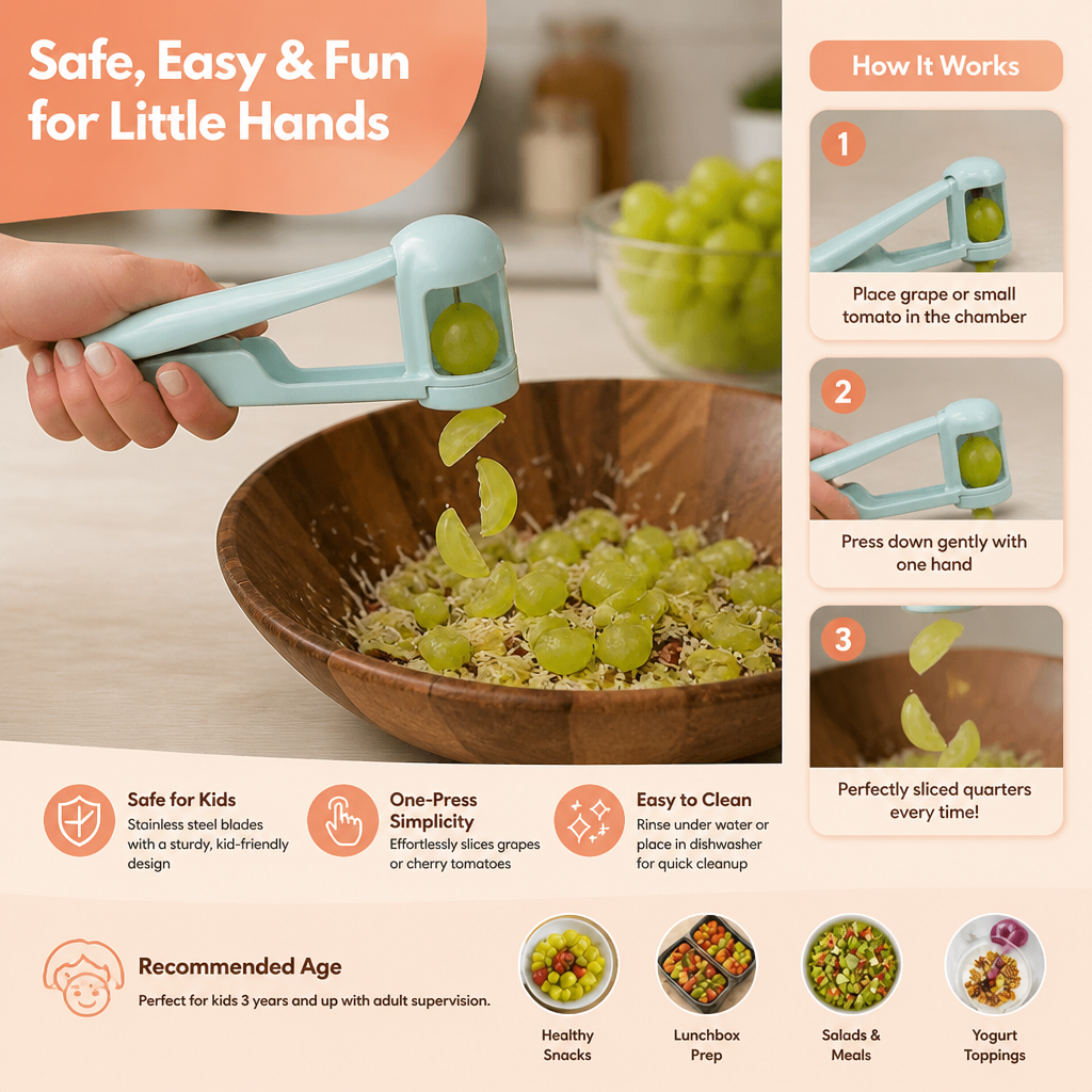 Stainless Steel Grape & Cherry Tomato Cutter – Safe One-Press Quarter Slicer for Toddlers & Kids
