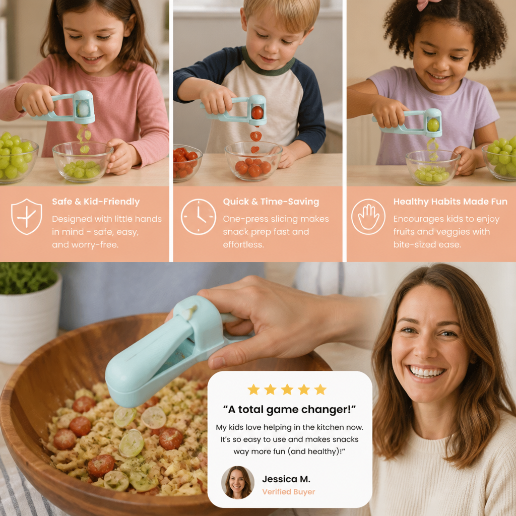 Stainless Steel Grape & Cherry Tomato Cutter – Safe One-Press Quarter Slicer for Toddlers & Kids