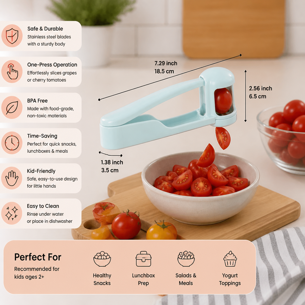 Stainless Steel Grape & Cherry Tomato Cutter – Safe One-Press Quarter Slicer for Toddlers & Kids