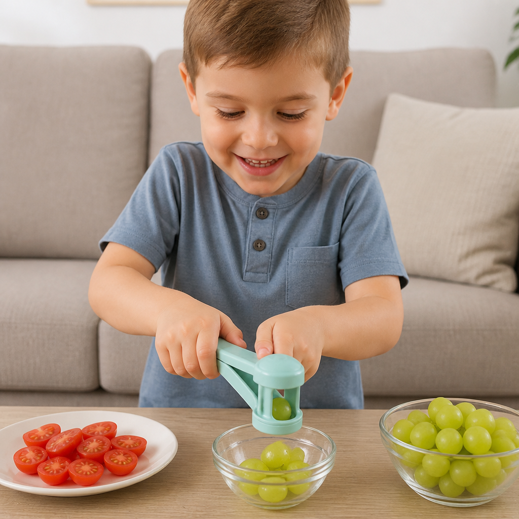 Stainless Steel Grape & Cherry Tomato Cutter – Safe One-Press Quarter Slicer for Toddlers & Kids