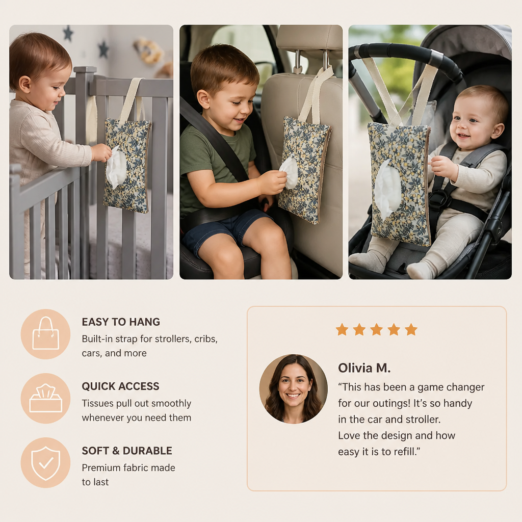 Hanging Tissue Holder for Strollers, Cribs & Cars