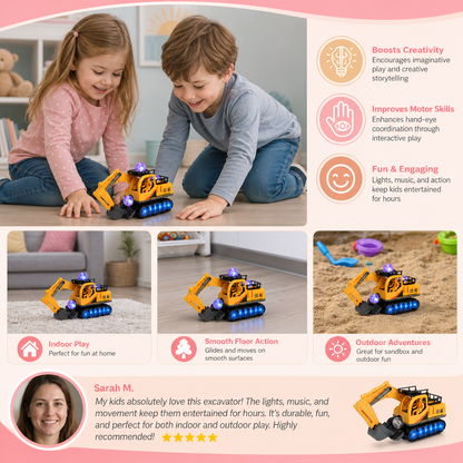Electric Excavator Toy with Disco Ball, Music & Bump-and-Go Action