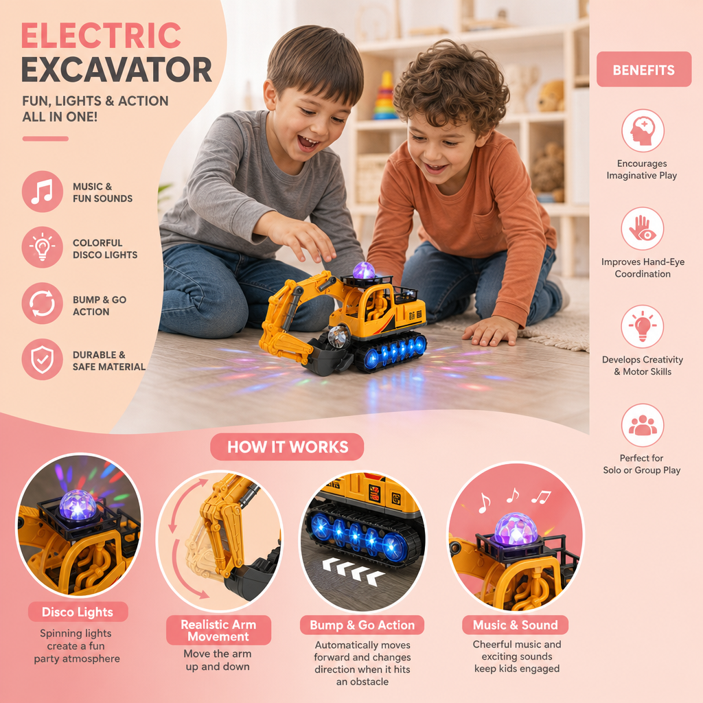 Electric Excavator Toy with Disco Ball, Music & Bump-and-Go Action