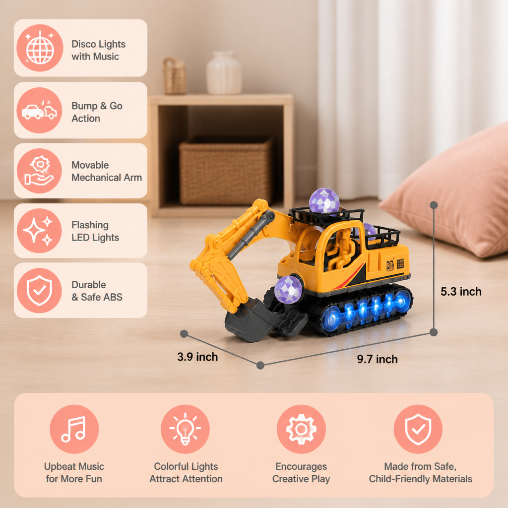 Electric Excavator Toy with Disco Ball, Music & Bump-and-Go Action