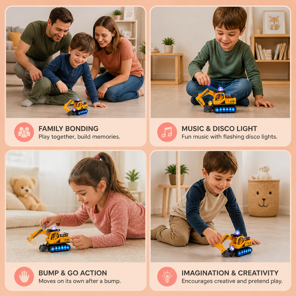 Electric Excavator Toy with Disco Ball, Music & Bump-and-Go Action