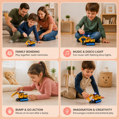 Electric Excavator Toy with Disco Ball, Music & Bump-and-Go Action