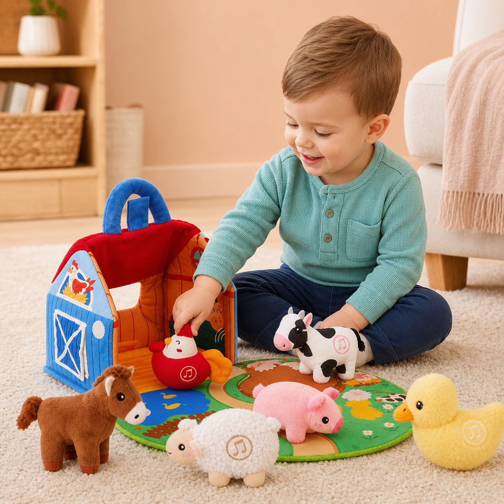 Farm Animal Plush Playset – Interactive Learning Toy with Portable Playhouse
