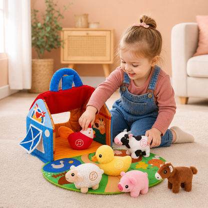 Farm Animal Plush Playset – Interactive Learning Toy with Portable Playhouse