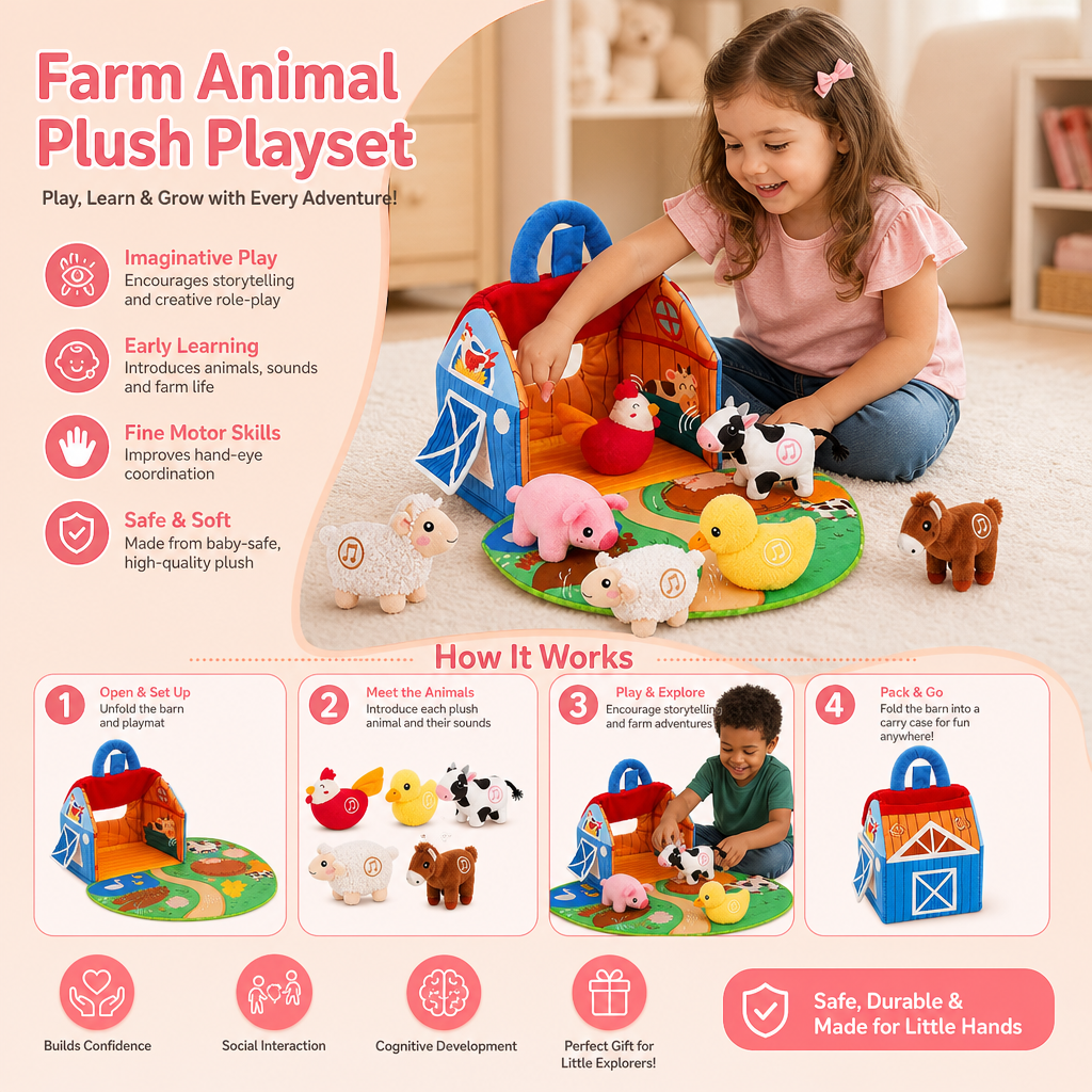 Farm Animal Plush Playset – Interactive Learning Toy with Portable Playhouse