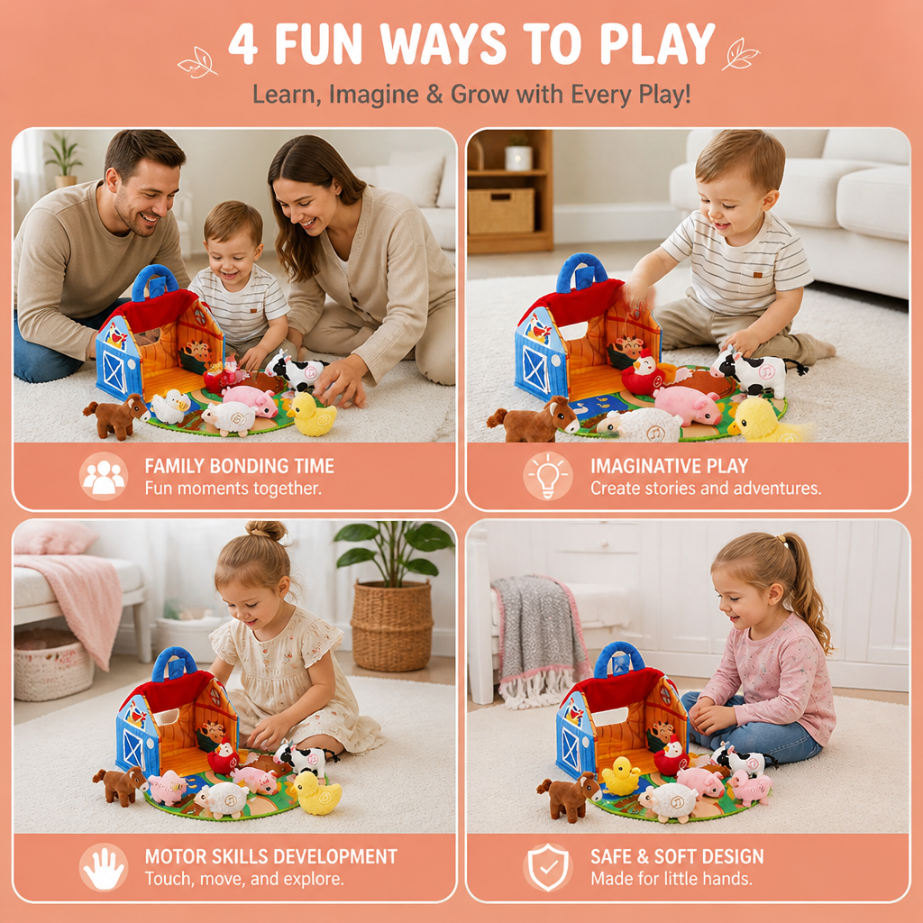 Farm Animal Plush Playset – Interactive Learning Toy with Portable Playhouse
