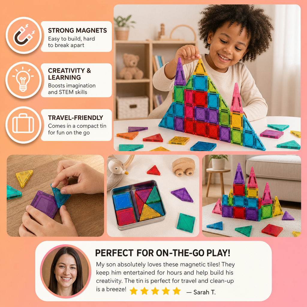 Magnetic Building Blocks Set for Kids – Travel-Friendly Storage Tin