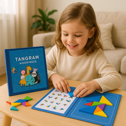 Portable Montessori Wooden Magnetic Tangram Puzzle Book Learning Toy