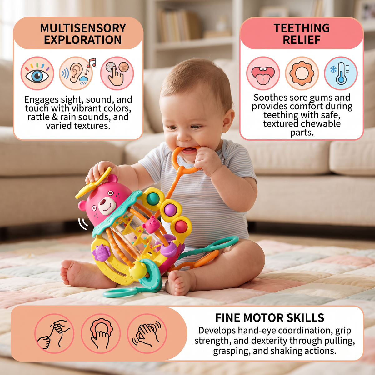 3-in-1 Multisensory Teething Toy with Pull Strings, Rattle & Rain Sounds for Babies