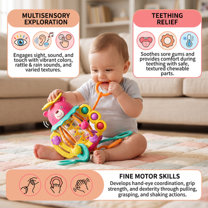 3-in-1 Multisensory Teething Toy with Pull Strings, Rattle & Rain Sounds for Babies