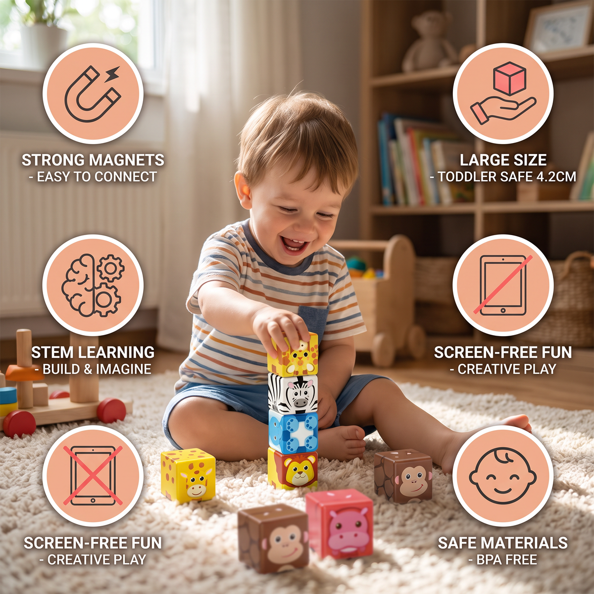 Toddler-Safe 4.2 cm Safari Animal Magnetic Building Cubes – STEM Learning Blocks
