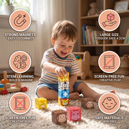 Toddler-Safe 4.2 cm Safari Animal Magnetic Building Cubes – STEM Learning Blocks