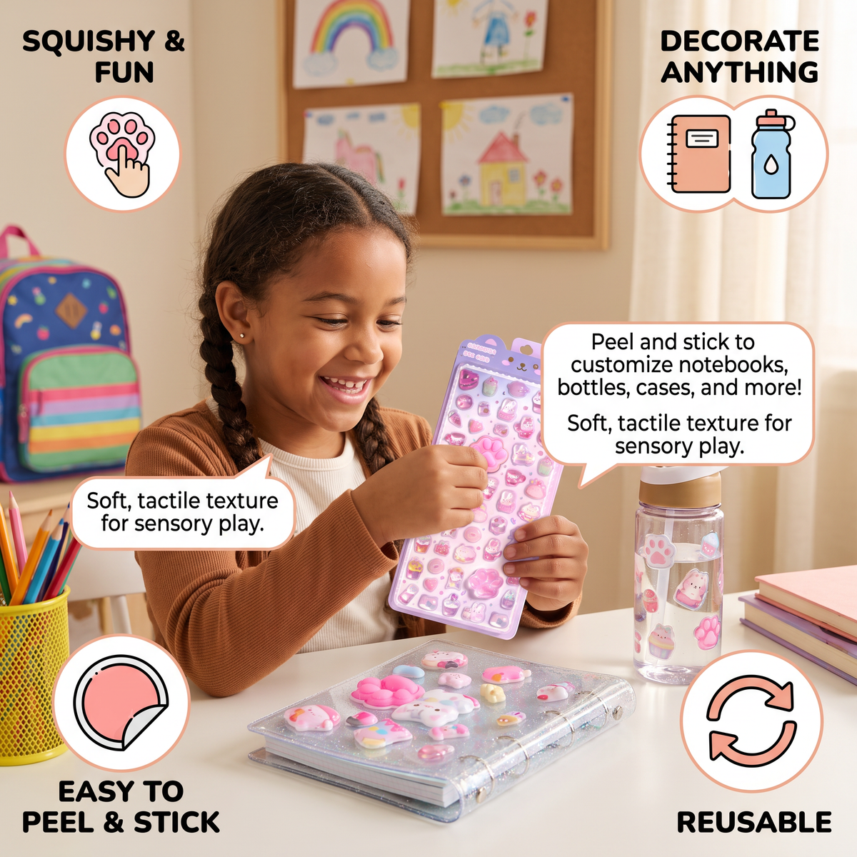 3D Squishy Pet Paw Stickers – Cute Puffy Stickers for Kids