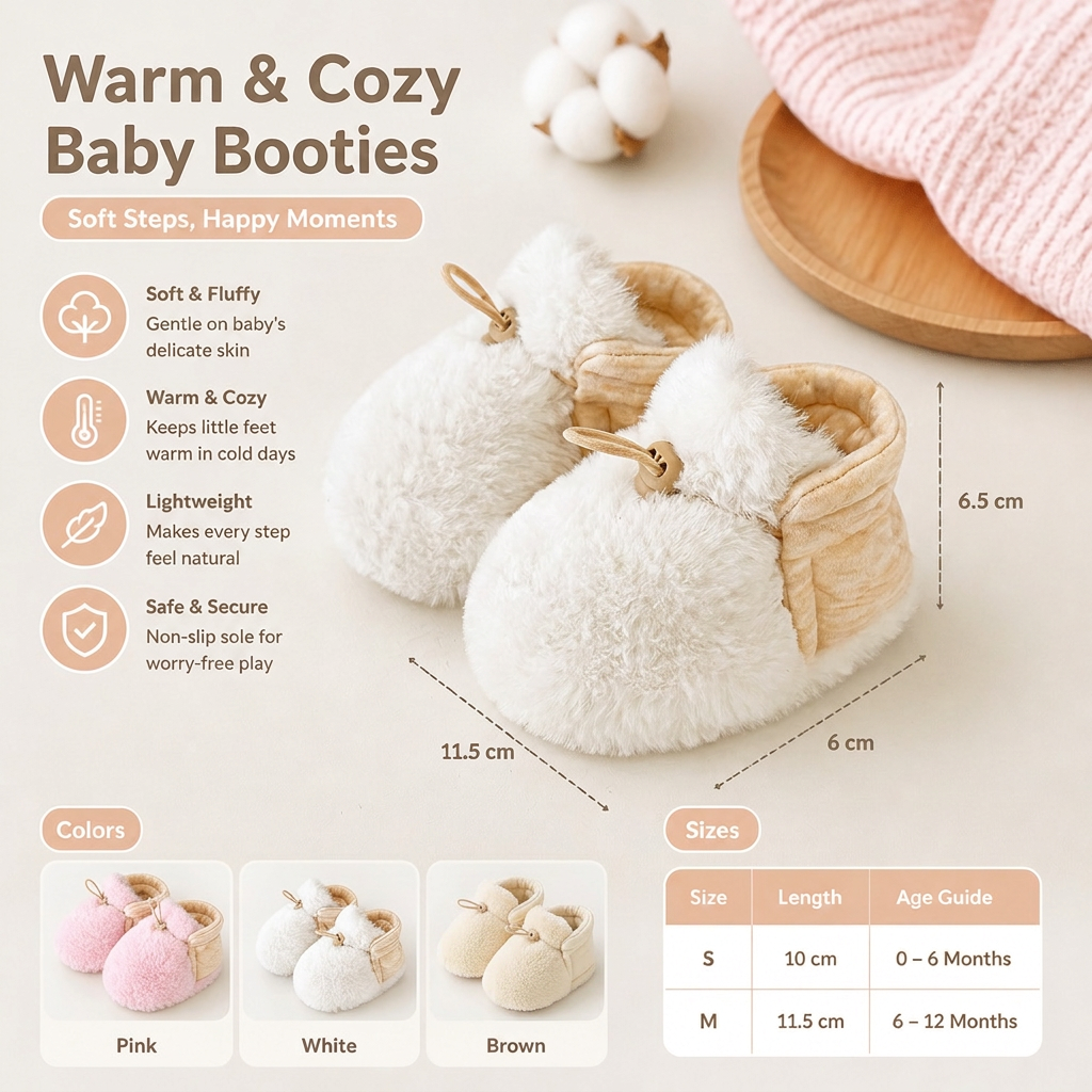 Warm & Cozy Fleece-Lined Cotton Baby Booties with Soft Soles