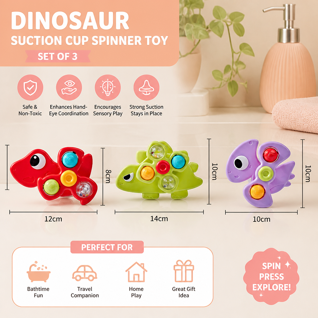 Dinosaur Suction Cup Spinner Toy for Babies & Toddlers Set of 3
